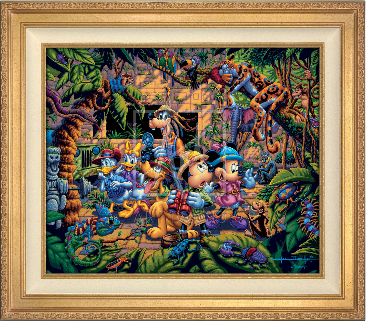 The lush jungle vegetation supports a variety of creatures great and small, including a chameleon, a variety of insects, a snake, birds, monkeys, and even a leopard and an elephant. Mickey and friends find themselves in the center of it all! - Antique Gold frame