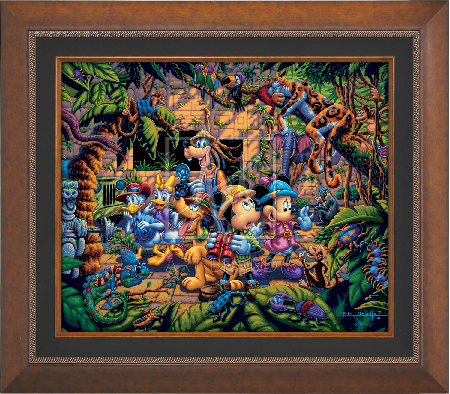 The lush jungle vegetation supports a variety of creatures great and small, including a chameleon, a variety of insects, a snake, birds, monkeys, and even a leopard and an elephant. Mickey and friends find themselves in the center of it all! - Aurora Copper frame