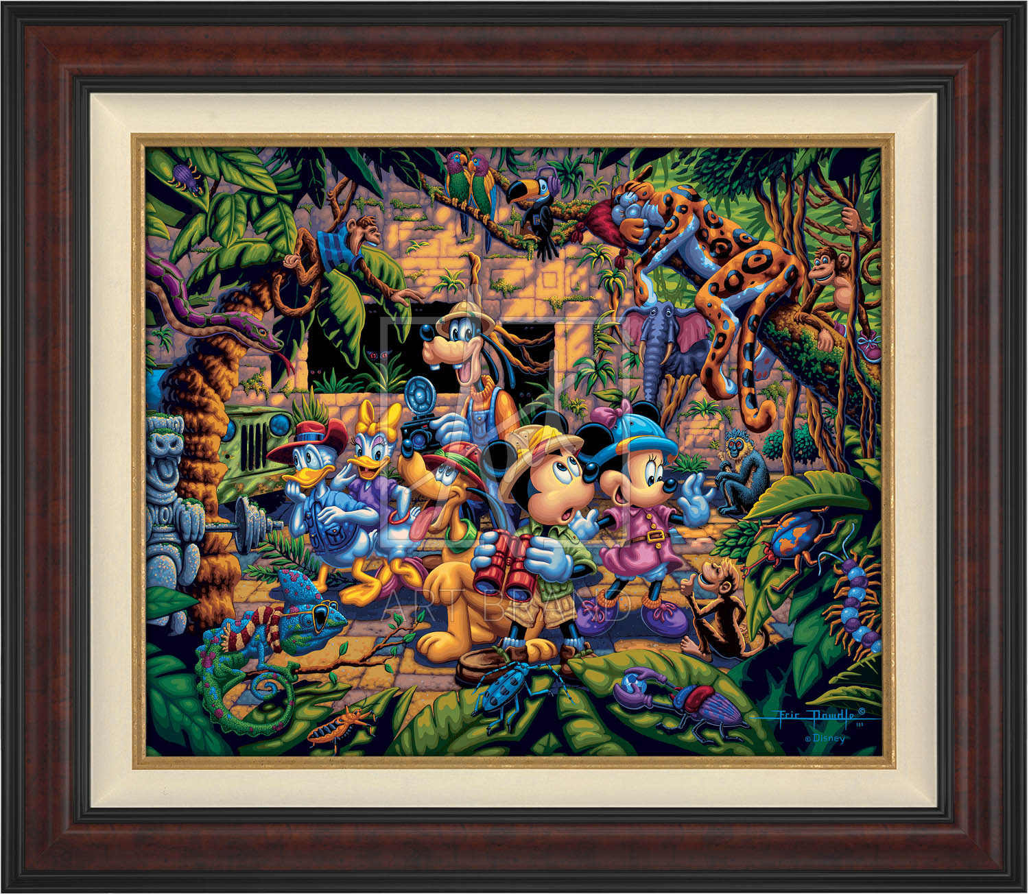 The lush jungle vegetation supports a variety of creatures great and small, including a chameleon, a variety of insects, a snake, birds, monkeys, and even a leopard and an elephant. Mickey and friends find themselves in the center of it all! - Burl frame