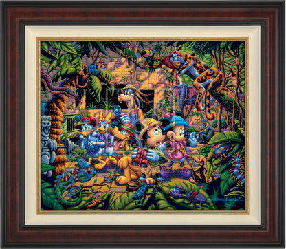 The lush jungle vegetation supports a variety of creatures great and small, including a chameleon, a variety of insects, a snake, birds, monkeys, and even a leopard and an elephant. Mickey and friends find themselves in the center of it all! - Burl frame