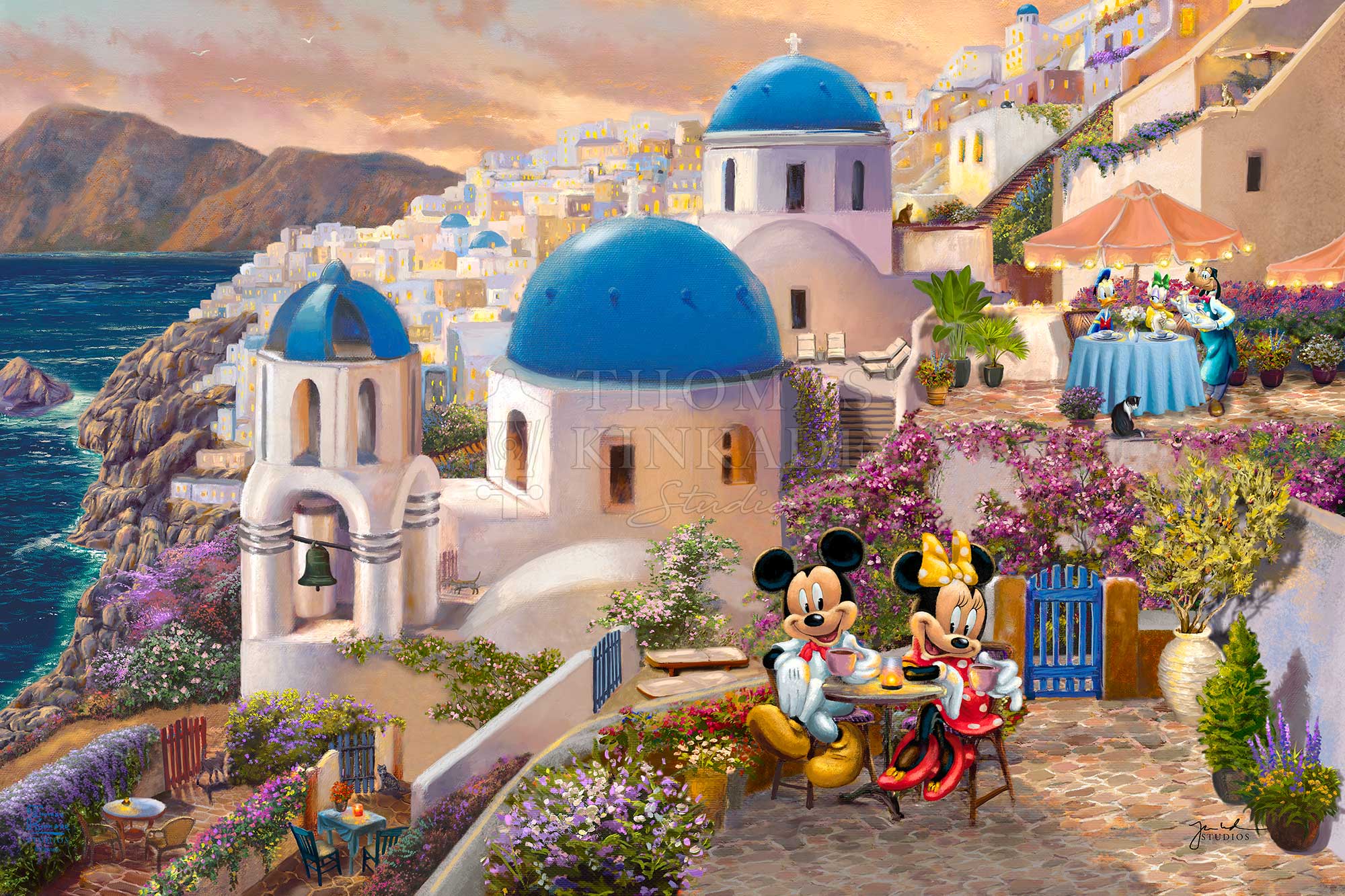 Mickey and Minnie travel to Santorini in Greece. They dine outside overlooking the historic building with striking blue domes is the Anastasi Church of Oia. - Unframed