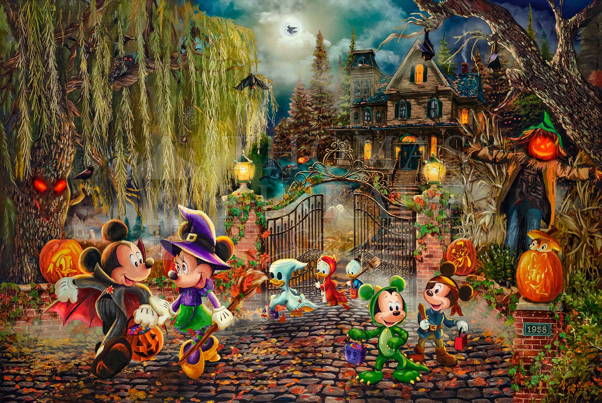 Mickey is dressed up as a Vampire and Minnie as a Witch. Unframed