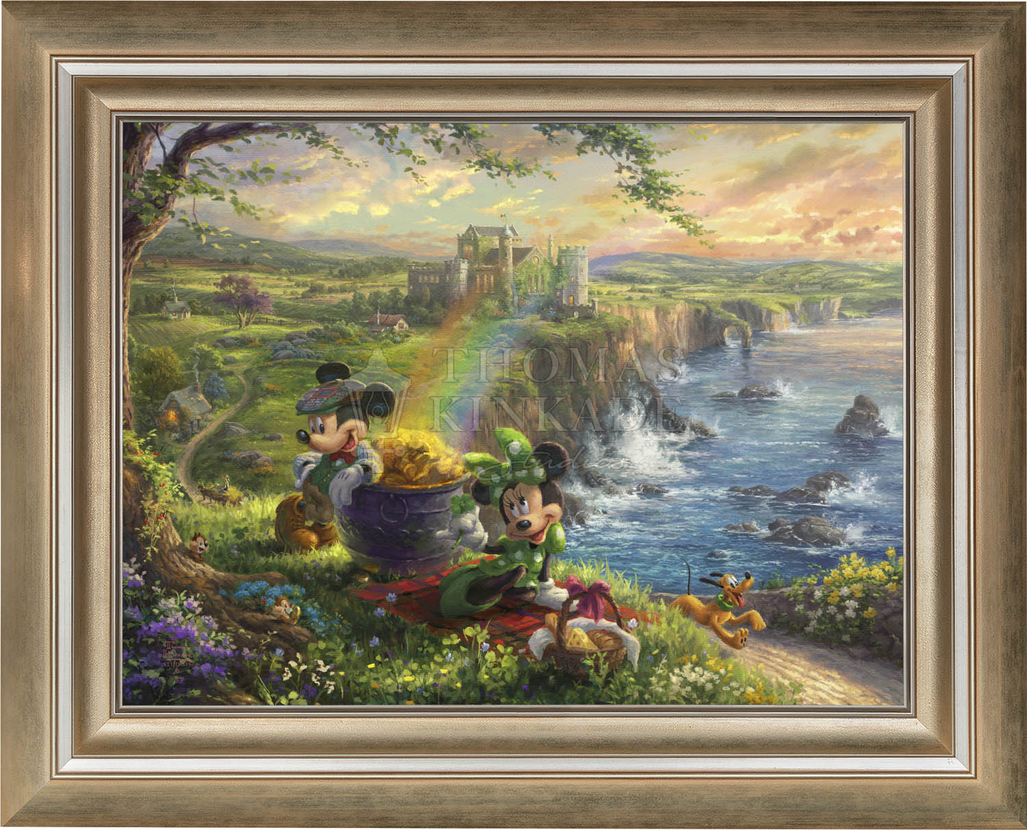 Dressed in the Irish's traditional color, Mickey and Minnie seem to have luck on their side.  Brushed Gold Frame