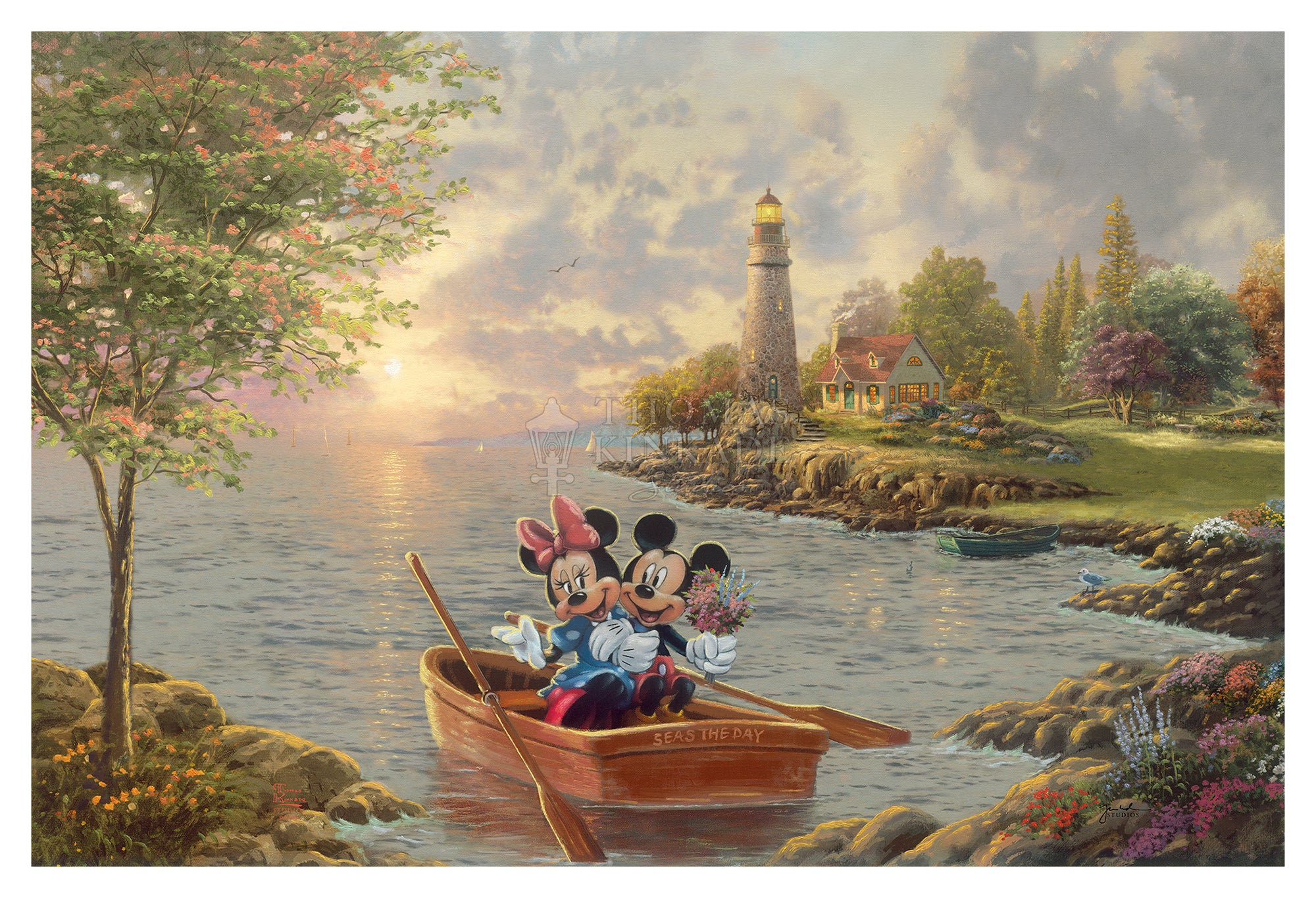 Mickey and Minnie  enjoying each other’s company as the evening breeze softly blows the waves onto the rocks. 