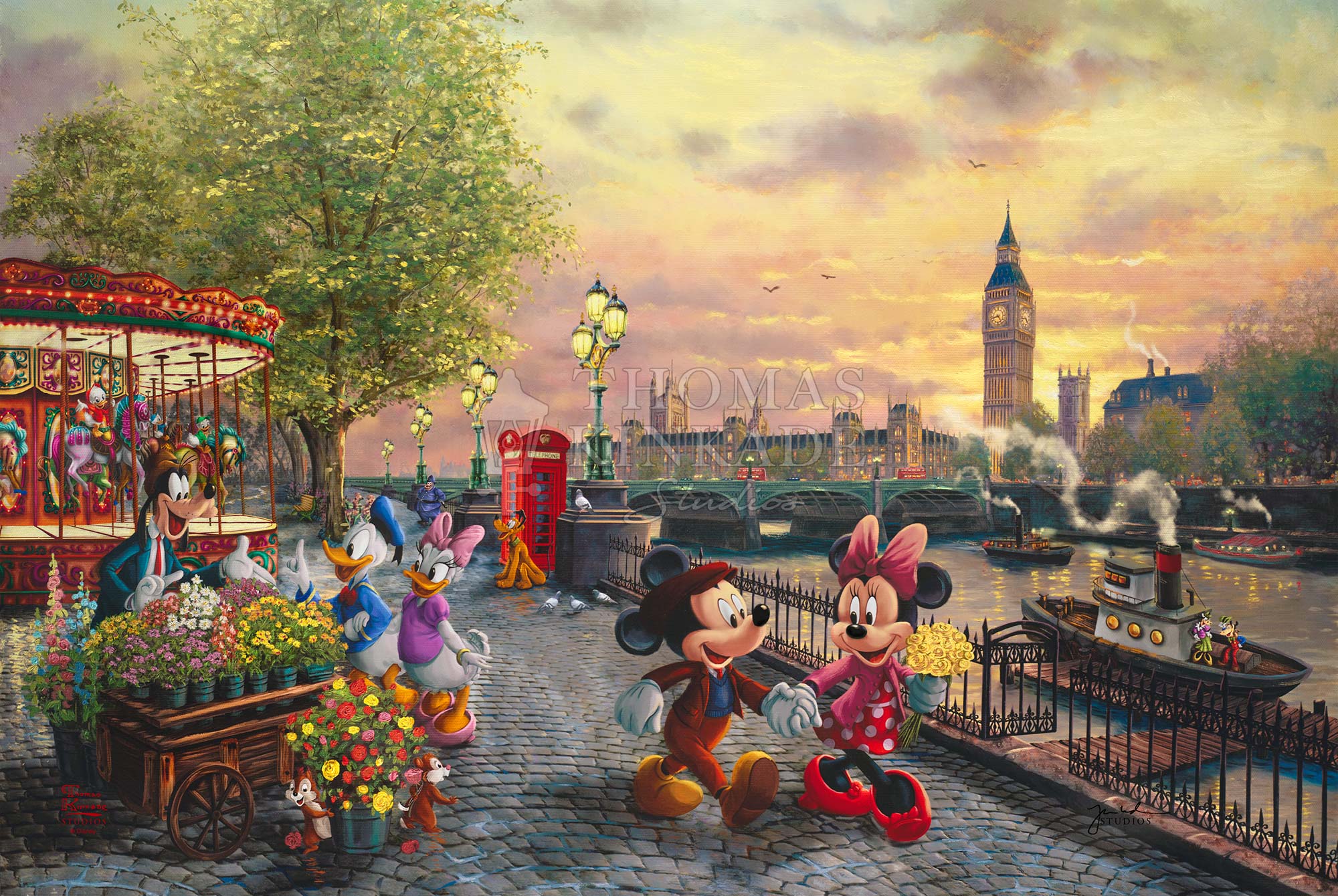 Unframed - Mickey Mouse and Minnie Mouse enjoy a beautiful crisp day walking along the Thames River. 