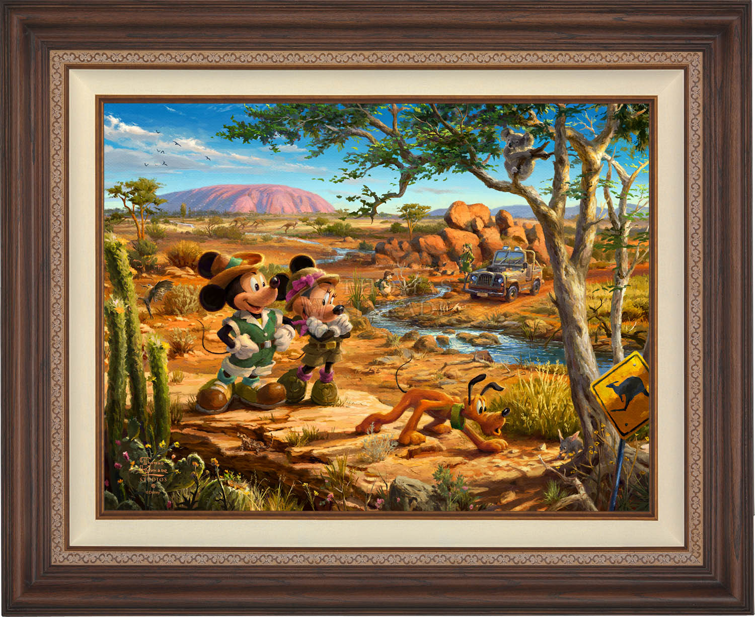 Mickey, Minnie, Pluto Donald, and Goofy explore the land down under - Australia. - Dark walnut Frame