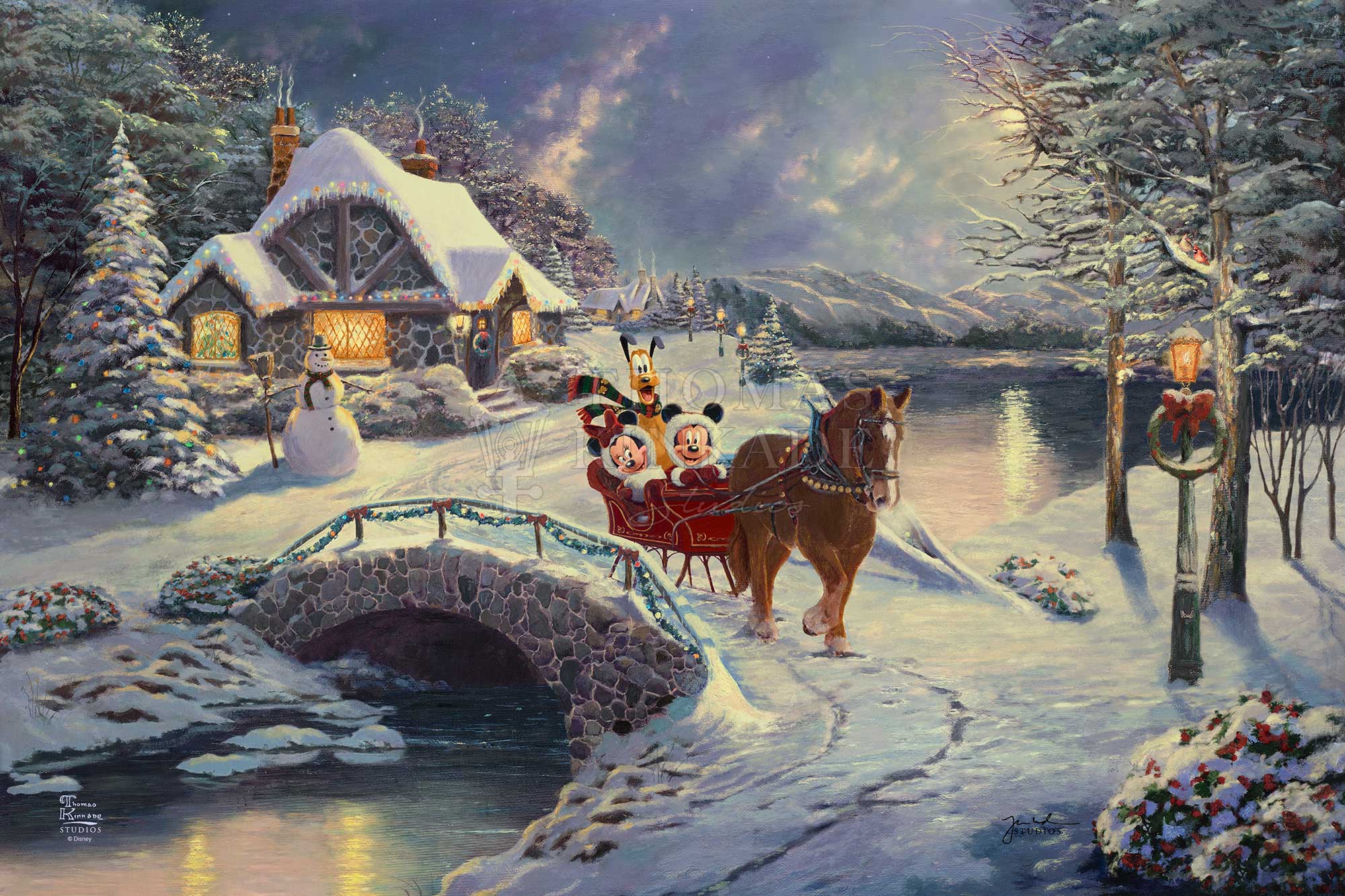 Mickey, Minnie, and Pluto as they enjoy their evening winter sleigh ride. - Unframed