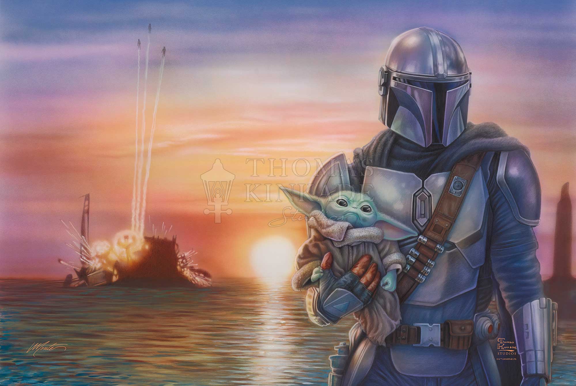 Mando holds Grogu in his arms as he walks away from the blast. Canvas Unframed