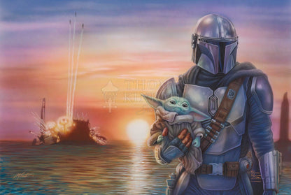 Mando holds Grogu in his arms as he walks away from the blast. Canvas Unframed