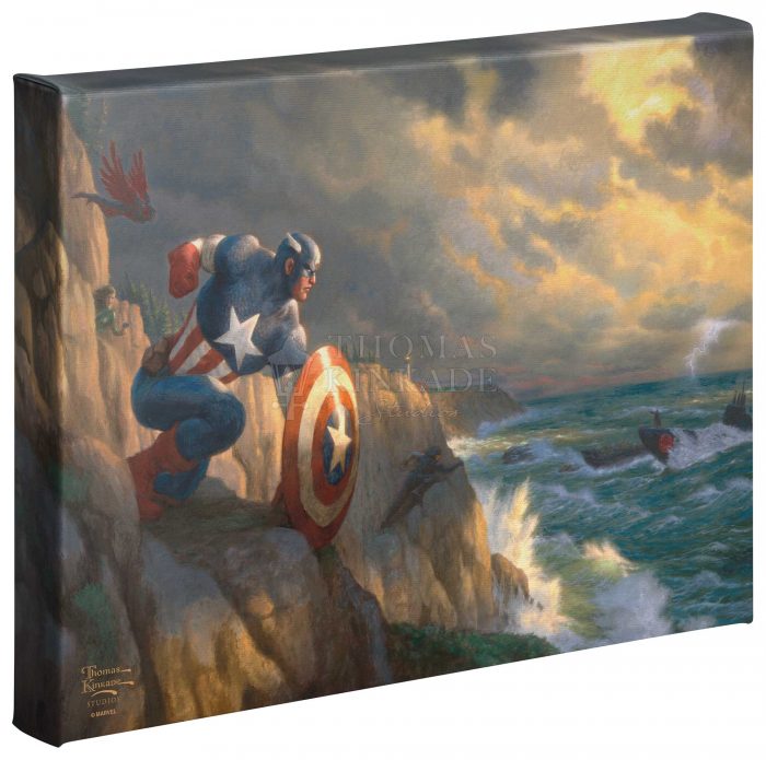 Captain America has positioned himself ready to battle Red Skull and his Hydra henchmen, who are approaching the coast in submarines.  Gallery Wrap Canvas