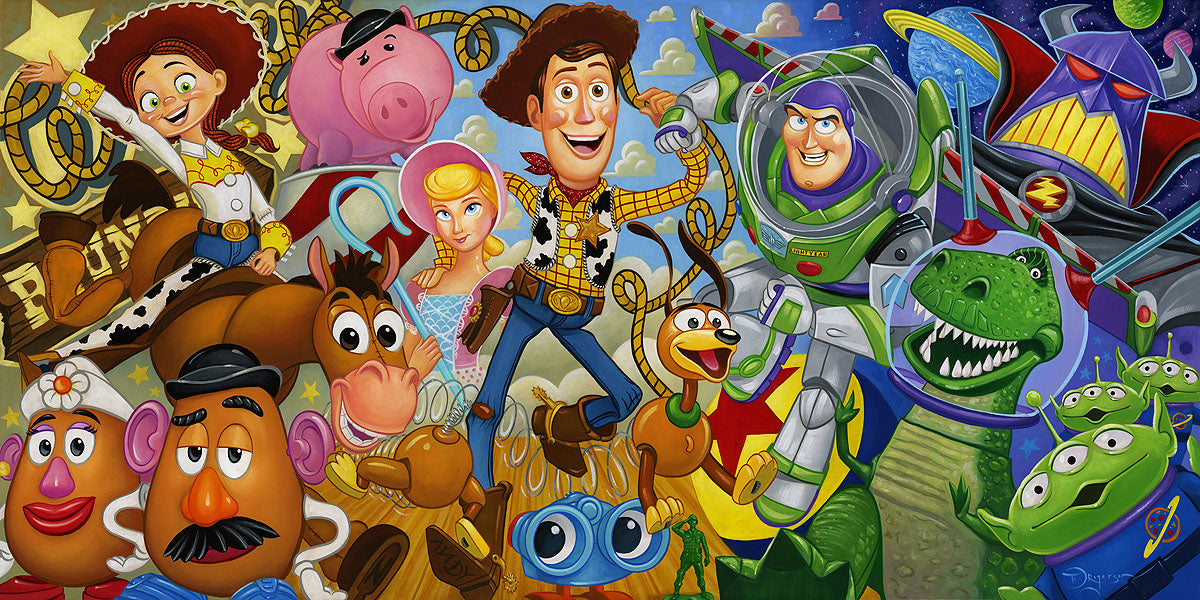 The Cast of from the movie Toys Story, with Woody, Buzz Lightyear in the front center, surrounded by the cast.