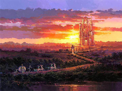 Cinderella and her magical horses and carriage approaching the Castle right before sunset.