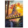 The Seven Dwarfs crossing on a fallen tree log, with a prefect view of castle in the backdrop.