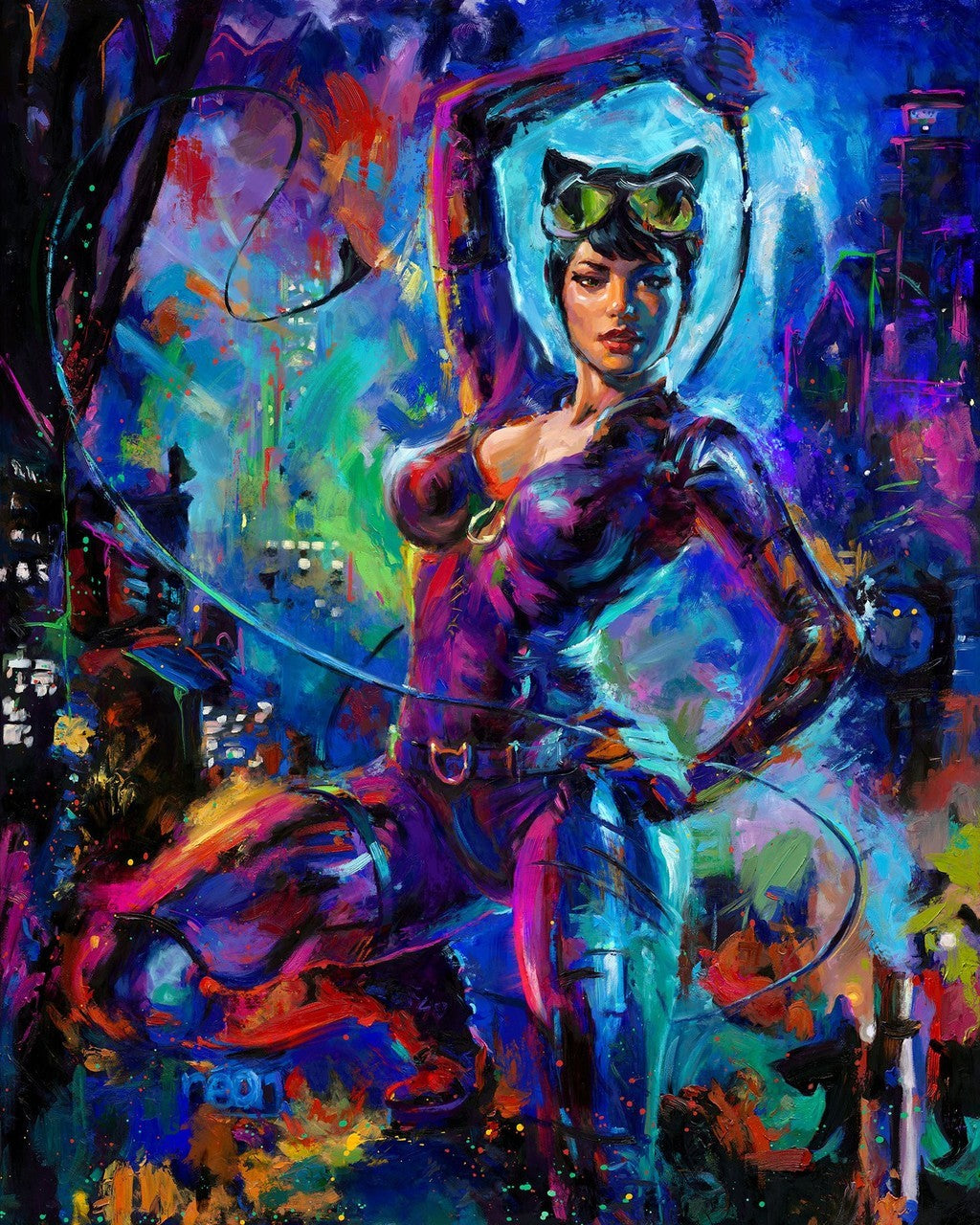 Catwoman standing in the twilight of Gotham, whip in hand and ready to prowl the city.