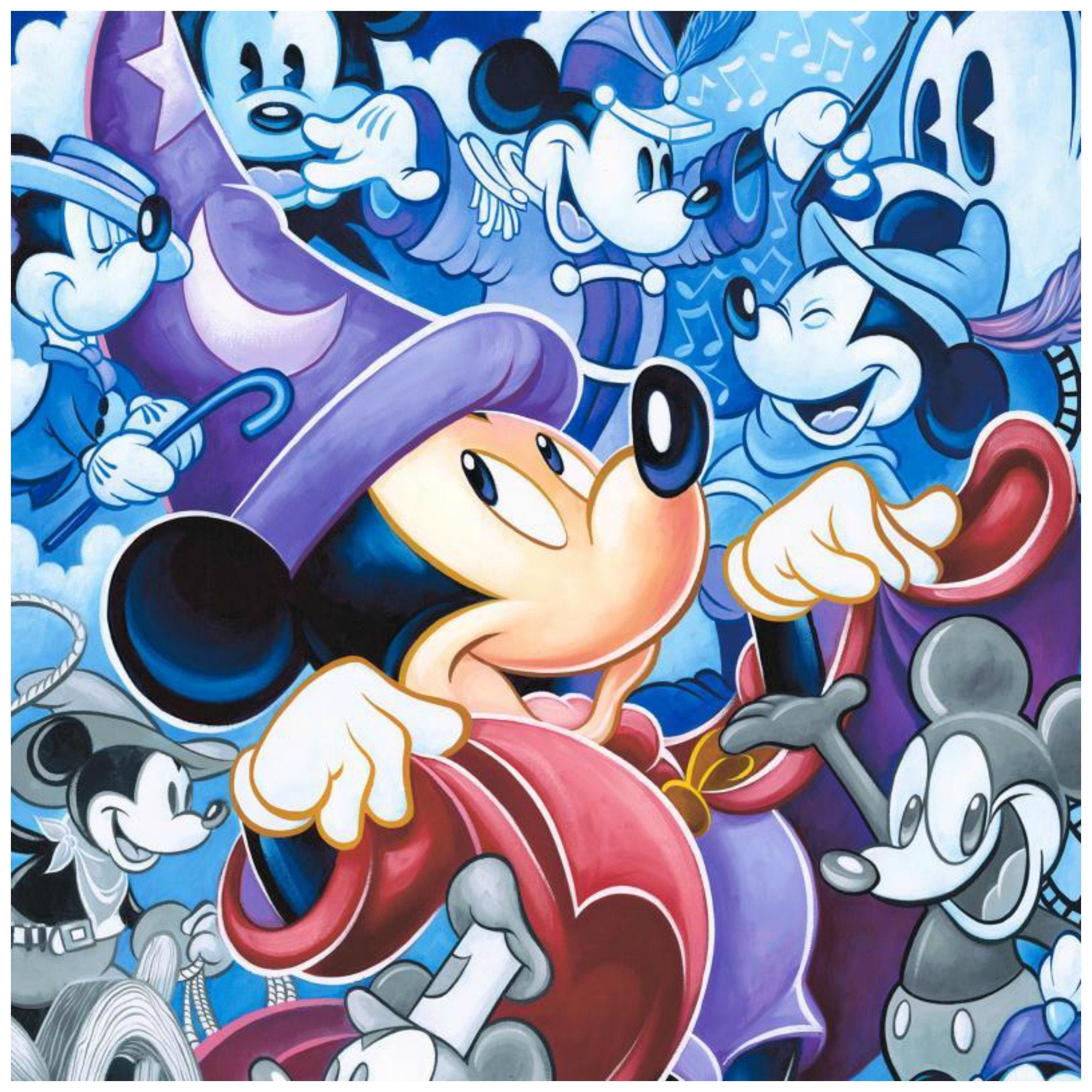 Celebrate the Mouse by Tim Rogerson Features Mickey the Sorcerer his most famous character role, along with the many other characters Mickey has played throughout the years -closeup.