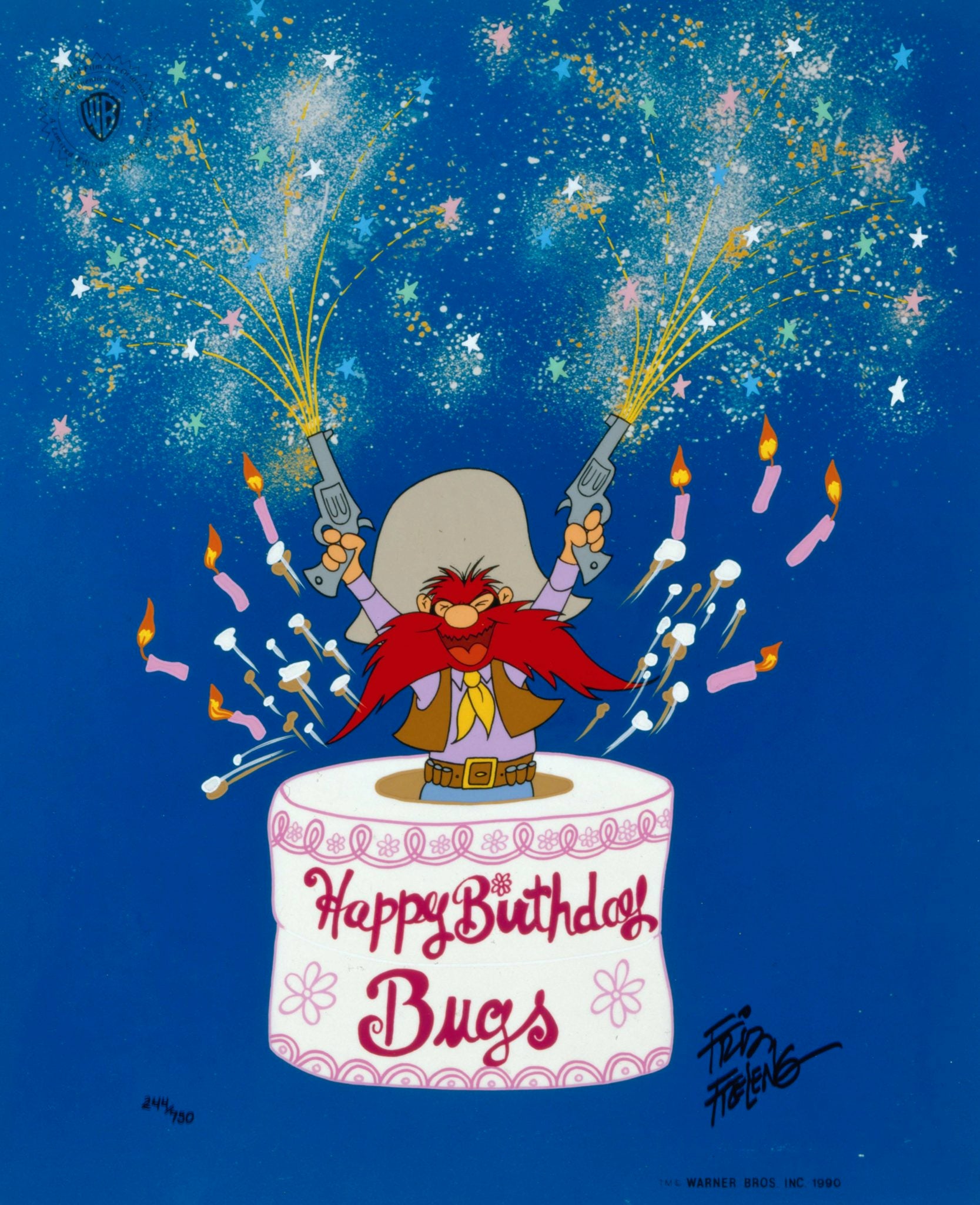 Yosemite Sam pops out of a birthday cake to wish BUGS a Root’n-Toot’n 50th Birthday. 
