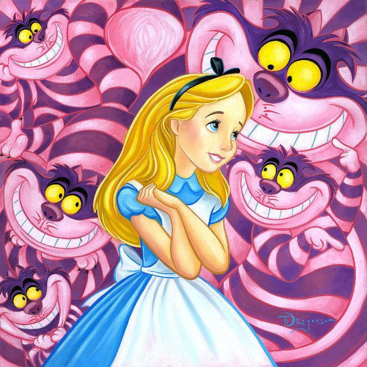 Alice surrounded by the many face of the Cheshire Cat.