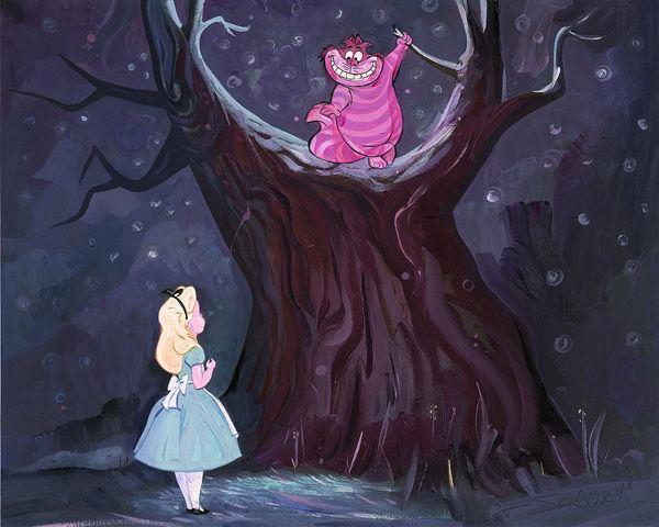 The Cheshire Cat looking down from the tree at Alice