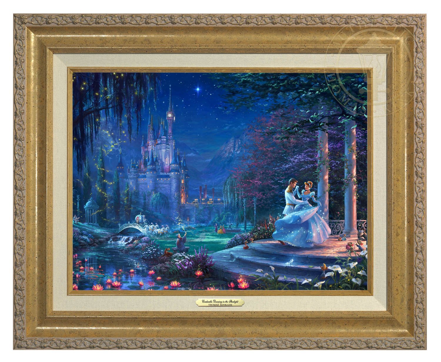 Cinderella Dancing in the Starlight by Thomas Kinkade Studios.  Cinderella's dreams have come true under the starlight Cinderella is dancing with her prince - Antique Gold Frame