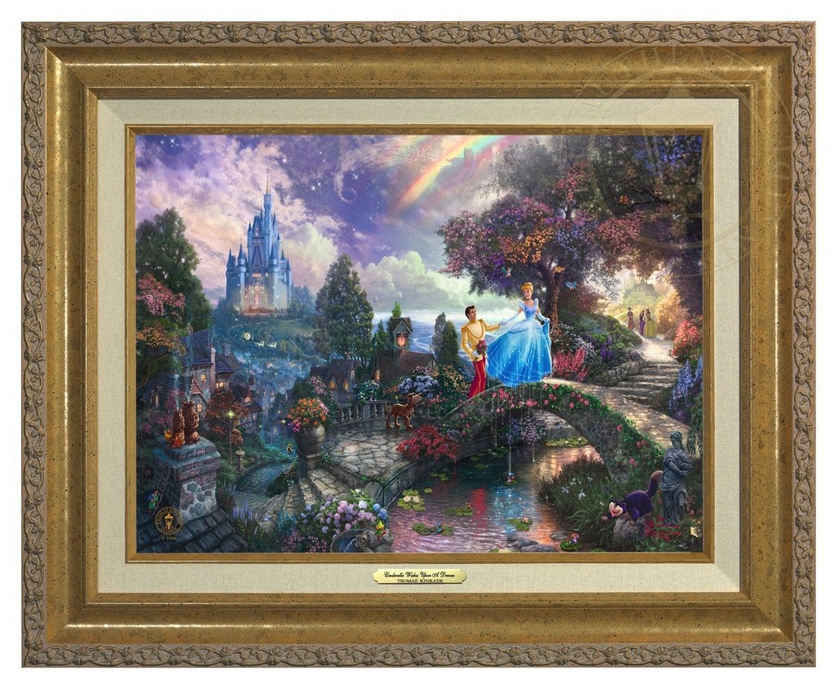 Cinderella and her prince cross the stone bridge over the lover’s reflecting pool - Antique Gold Frame