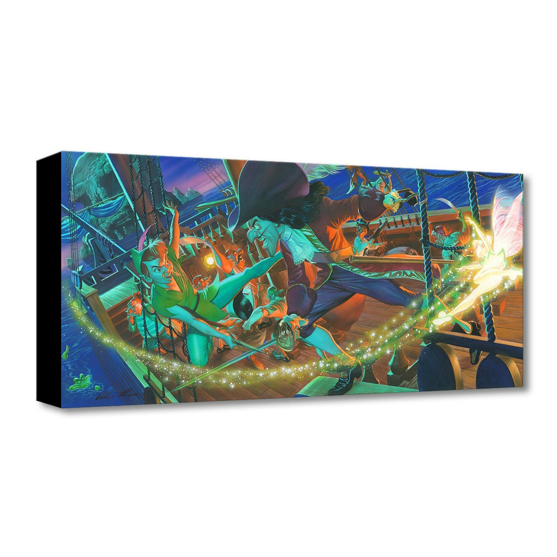 Clash for Neverland by Alex Ross Peter Pan, and Captain Hook on board the pirate ship in a duel for Neverland, Tinker Bell leaves her fairy dust as she flys above them.