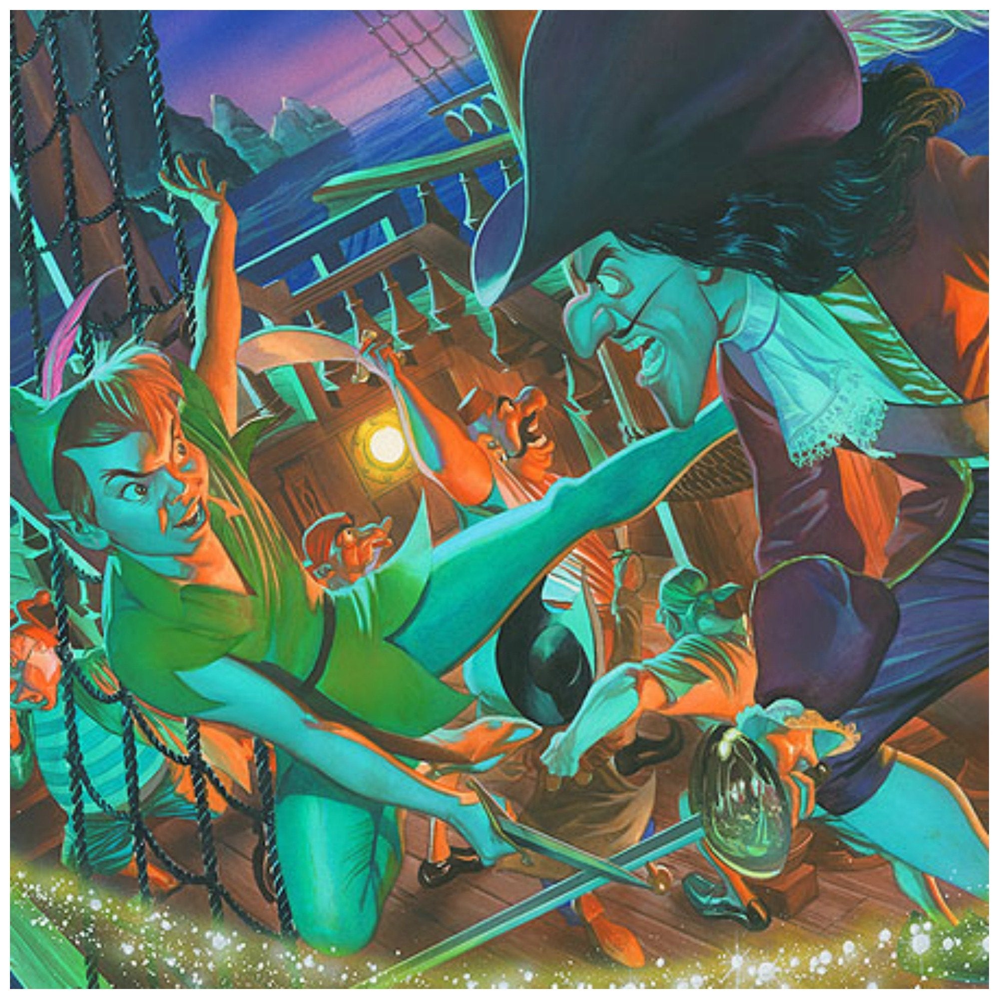 Clash for Neverland by Alex Ross Peter Pan, and Captain Hook on board the pirate ship in a duel for Neverland, Tinker Bell leaves her fairy dust as she flys above them.
