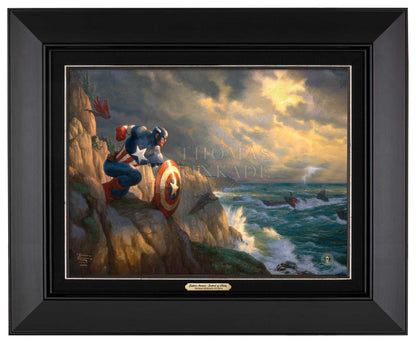 On the shore’s rocky outcrop, Captain America has positioned himself ready to battle Red Skull and his Hydra henchmen, who are approaching the coast in submarines. Classic Black Frame