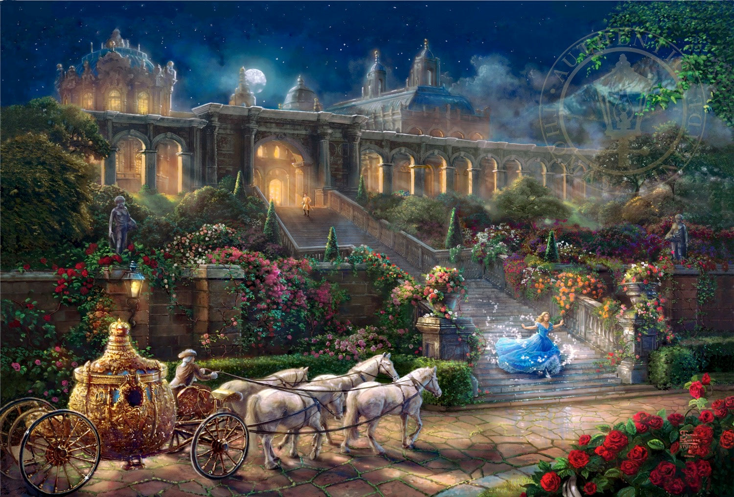 Cinderella, racing down the castle's stairs, as the clock strikes midnight. - as her magical  carriage awaits.