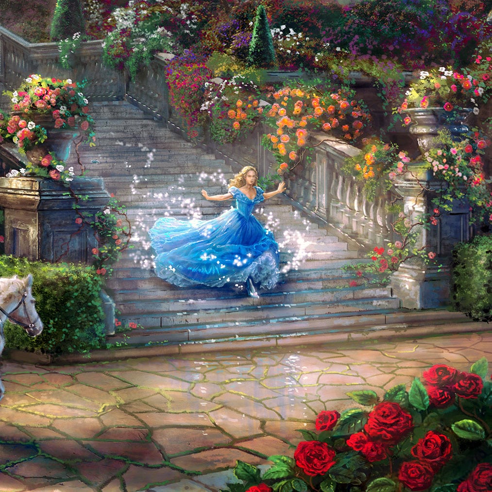 Cinderella, racing down the castle's stairs, as the clock strikes midnight. - Closeup