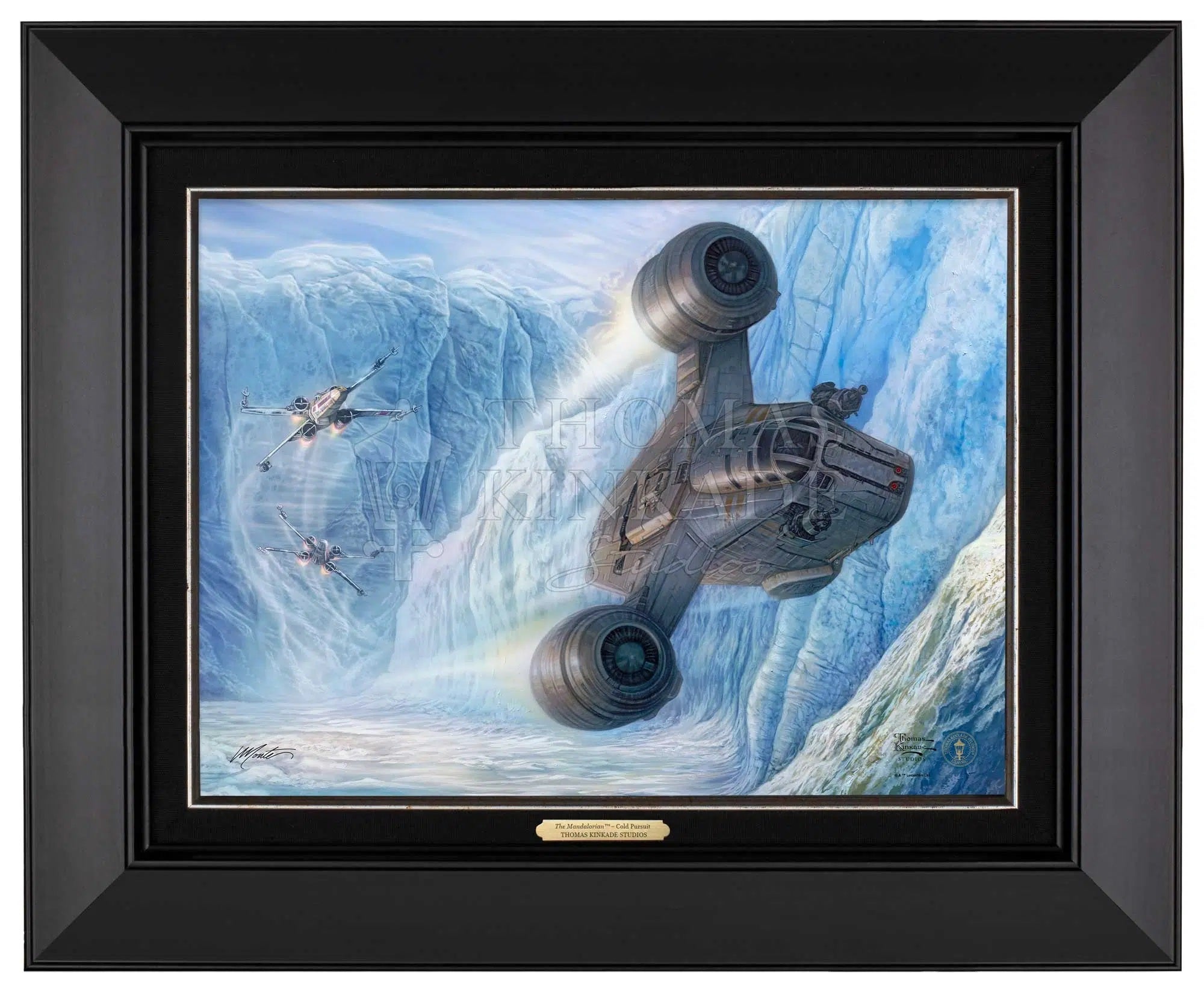 The Razor Crest is being chased by two  X-wing fighters.  Black Frame