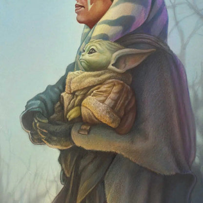 Ahsoka Tano holds Grogu in her arms