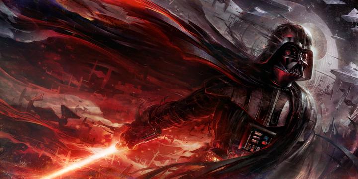  Darth Vader holding his lightsaber, going  through blasting storm.