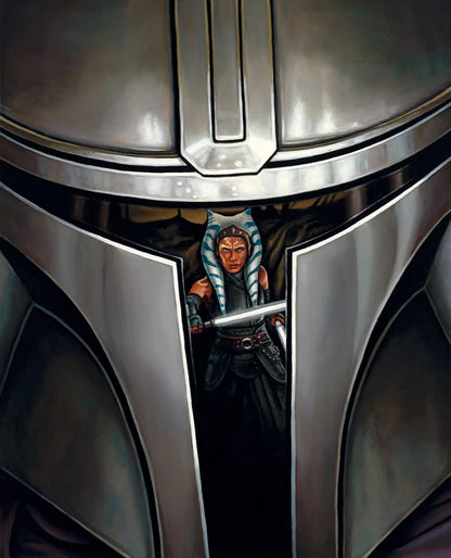 Features the Mandalorian Helmet and Ahsoka Tano -Crossing Paths - Canvas