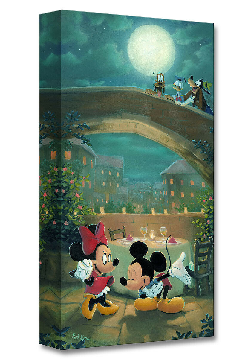 Mickey wines and dines Minnie, under the moon in Venice., as  Goofy, Donald, and Pluto watch from the bridge above.