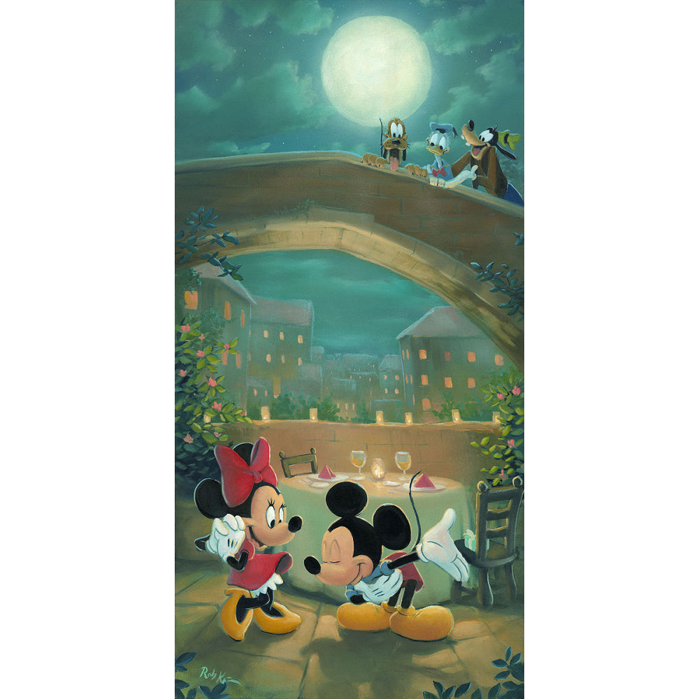 Mickey wines and dines Minnie, under the moon in Venice., as  Goof y, Donald, and Pluto watch from above.