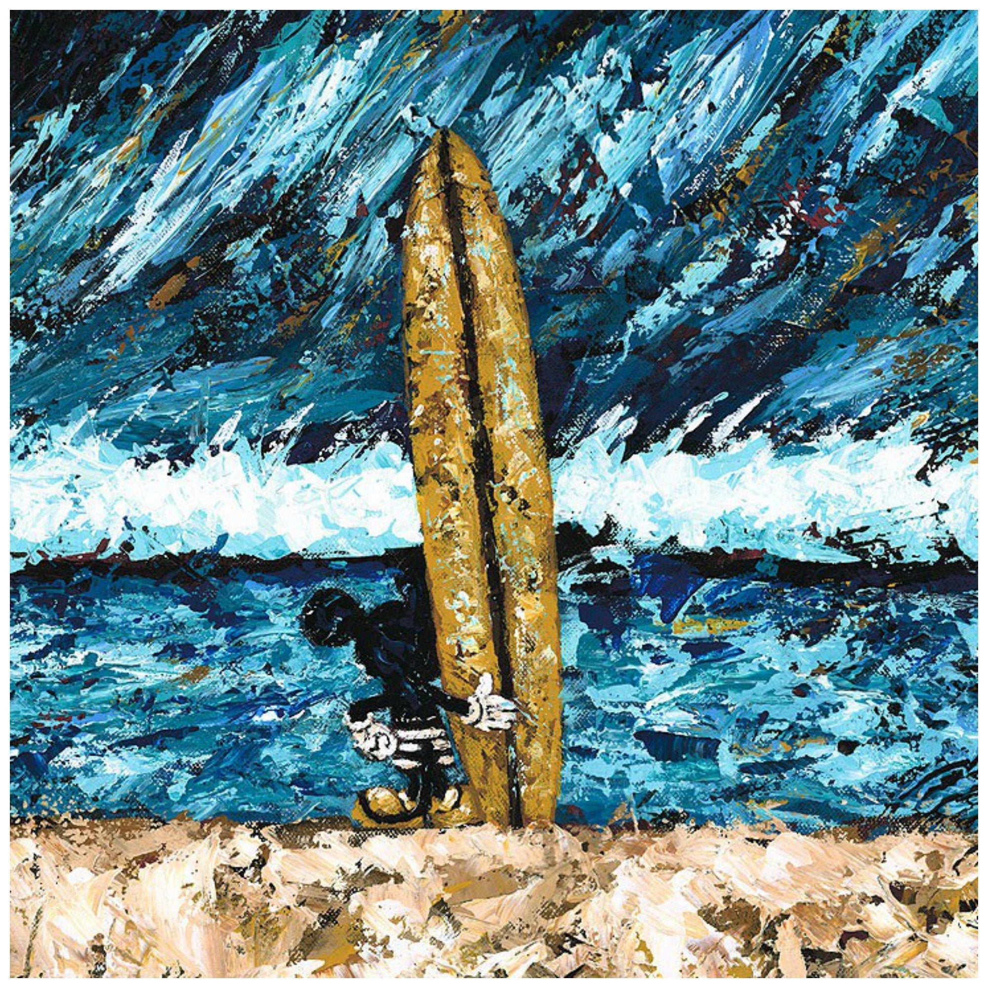 Da Mouse by Trevor Mezak.  Mickey stands ready with his surfboard, as he watches the big wave from the beach - closeup.