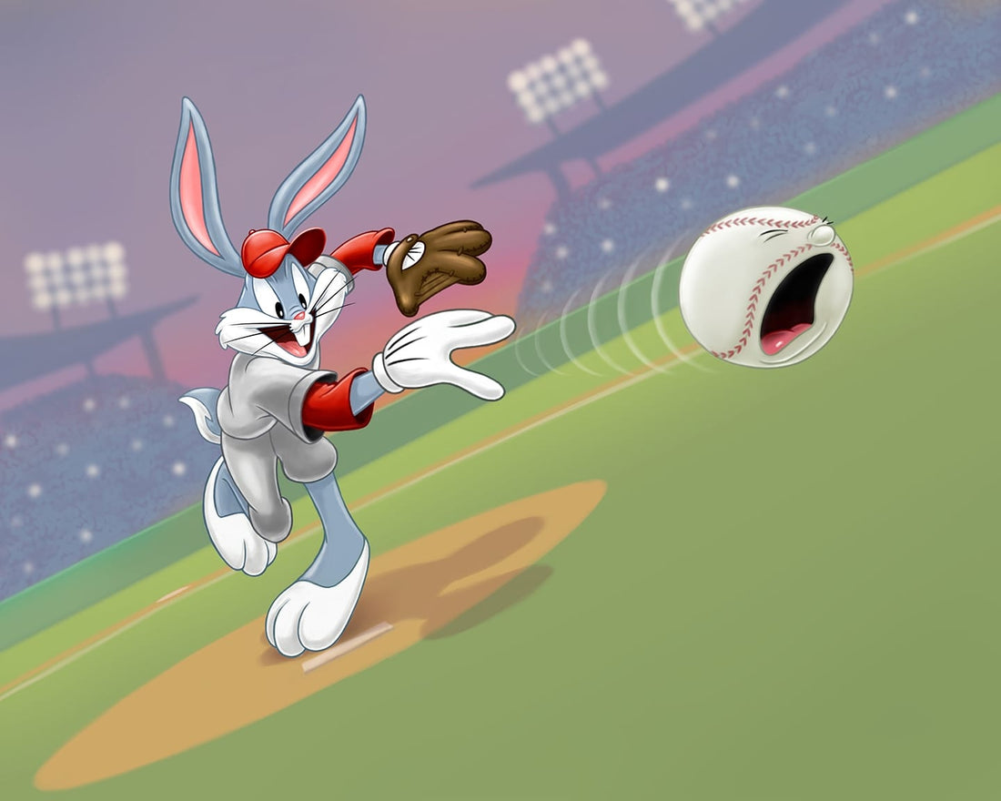 “Pachydermus Percussion Pitch” Bugs Bunny, dressed up as a pitcher, throwing a fastball so fast that the ball is crying.