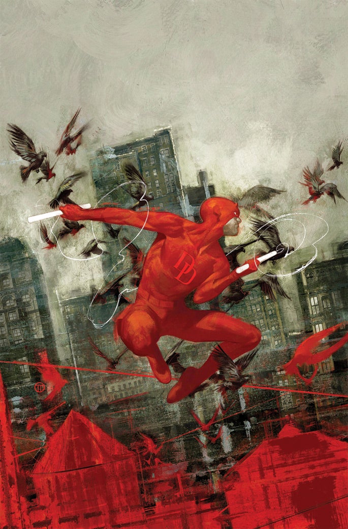 Comic cover art: The Daredevil surrounded by black birds.