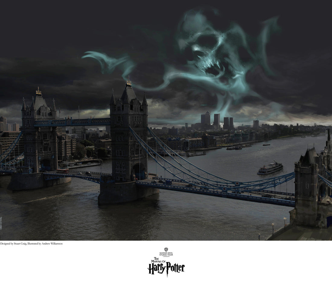 Dark Mark Over London by Stuart Craig.  A face like dark skull image lures over the London bridge.