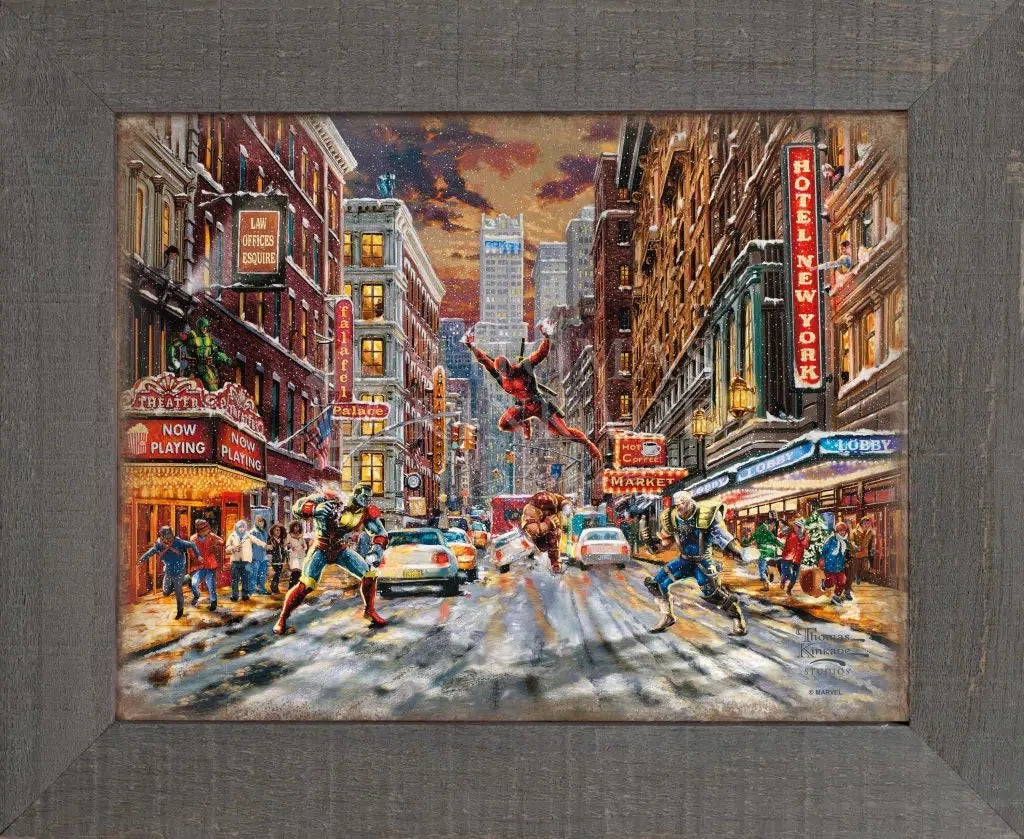 Deadpool - Snow Day By Thomas Kinkade Studios.  On a cold New York City day people are bustling around the busy city streets, mercenary Wade Wilson swings through mid-air flight to confront Colossus with snowballs in each of his fists.  Metal frame print