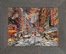 Deadpool - Snow Day By Thomas Kinkade Studios.  On a cold New York City day people are bustling around the busy city streets, mercenary Wade Wilson swings through mid-air flight to confront Colossus with snowballs in each of his fists.  Metal frame print