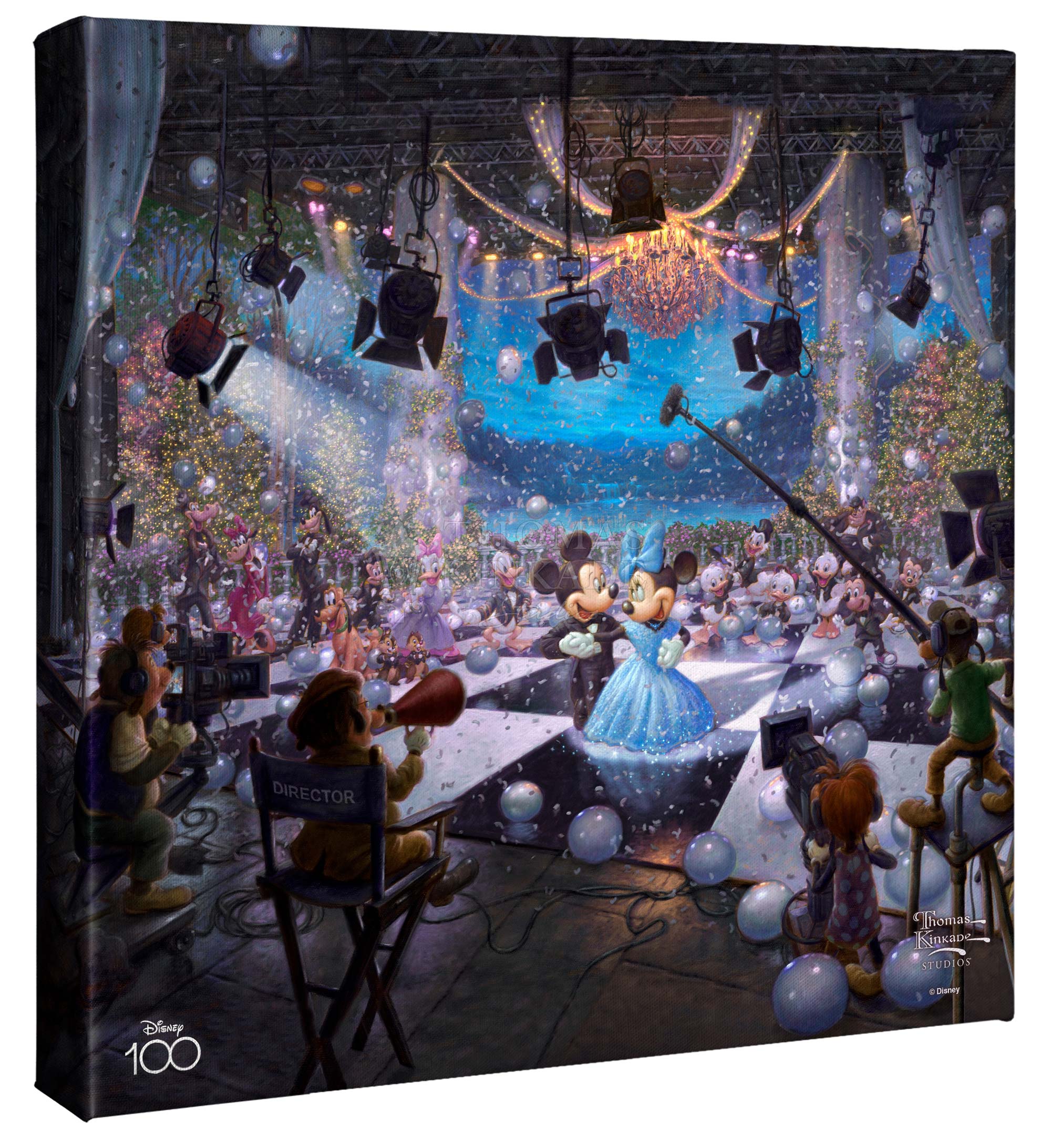 Disney 100th Celebration by Thomas Kinkade Studios  Mickey Mouse and Minnie Mouse have taken up their position on the dance floor, waiting for their cue from the director to start the dance number.  - 14" x 14" - Gallery Canvas Wraps