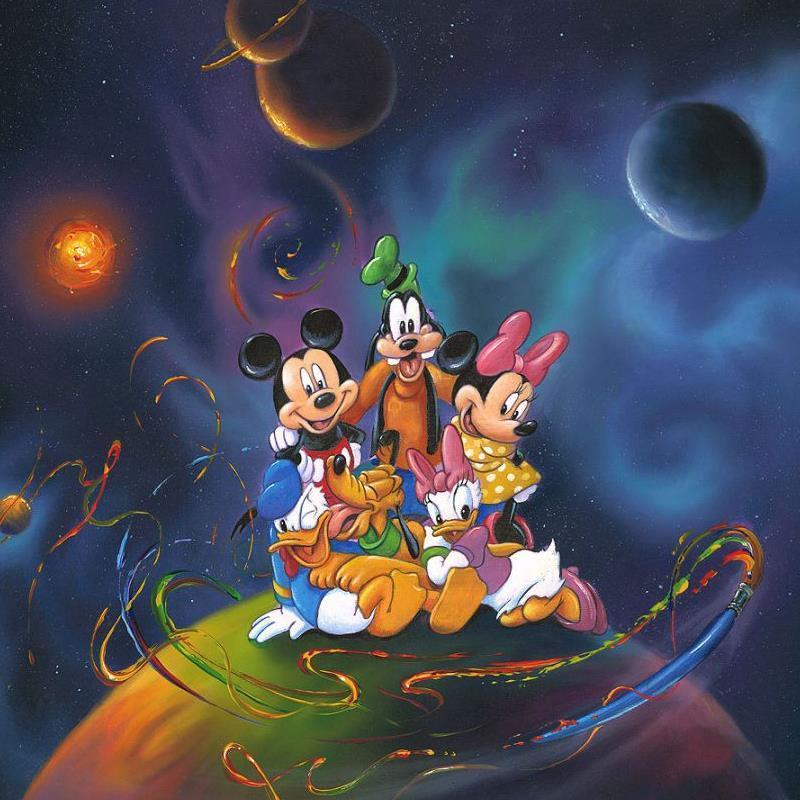 Disney World by Jim Warren.  The Gang of Five sitting on top of the world surrounded by galaxy of planets - closeup