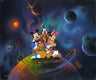 Disney World by Jim Warren.  The Gang of Five sitting on top of the world surrounded by galaxy of planets.