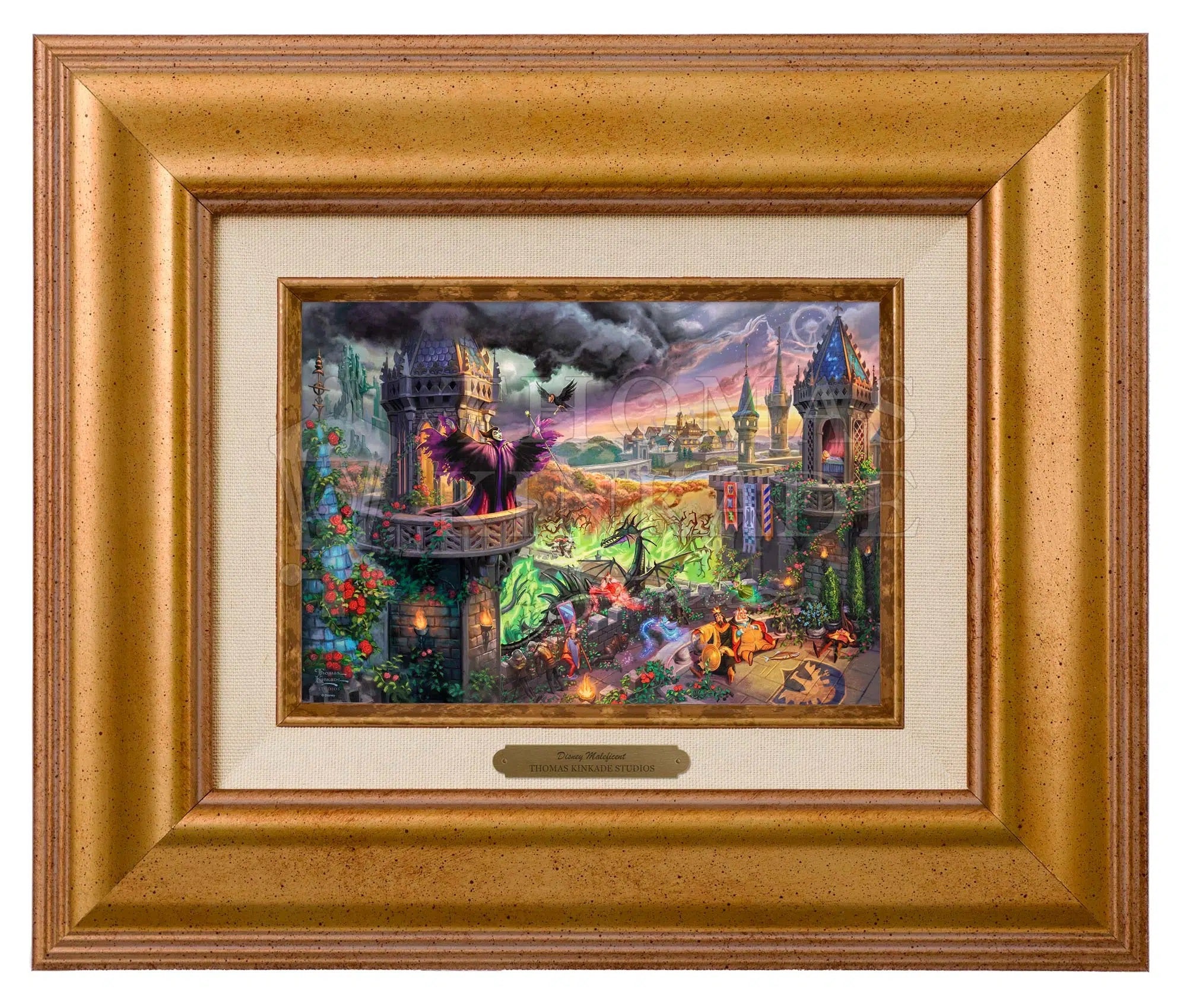 Disney Maleficent by Thomas Kinkade Studios.  Maleficent cast a sleeping spell on the entire castle, in her fiery rage.  - Golden Sunset - Frame