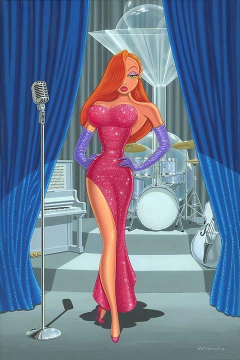 Jessica Rabbit on stage wearing a diva red glitter evening gown