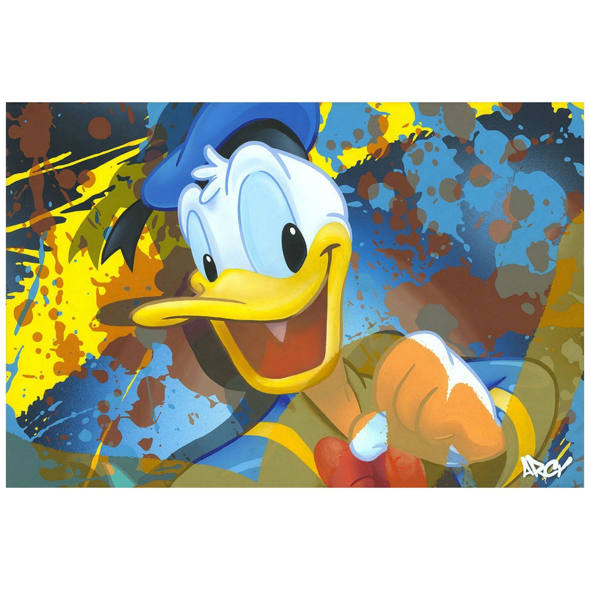 A happy Donald Duck, painted with a splash of colorful background. 
