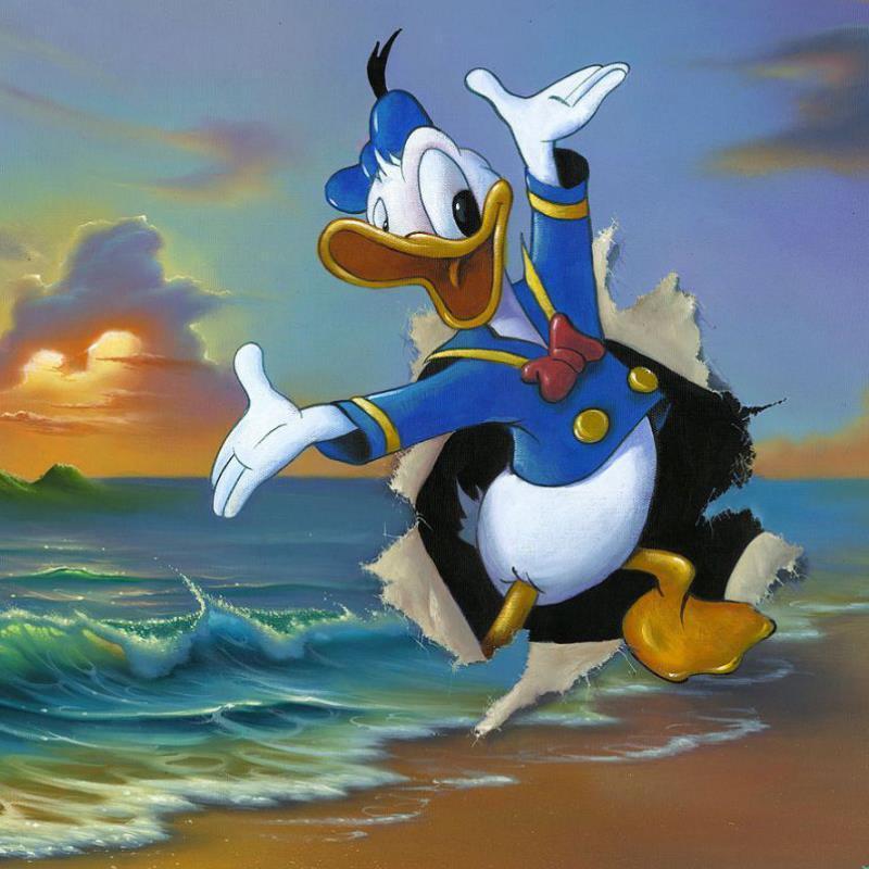 Donald's Grand Entrance by Jim Warren. Donald Duck dashes out of an ocean scene canvas painting.