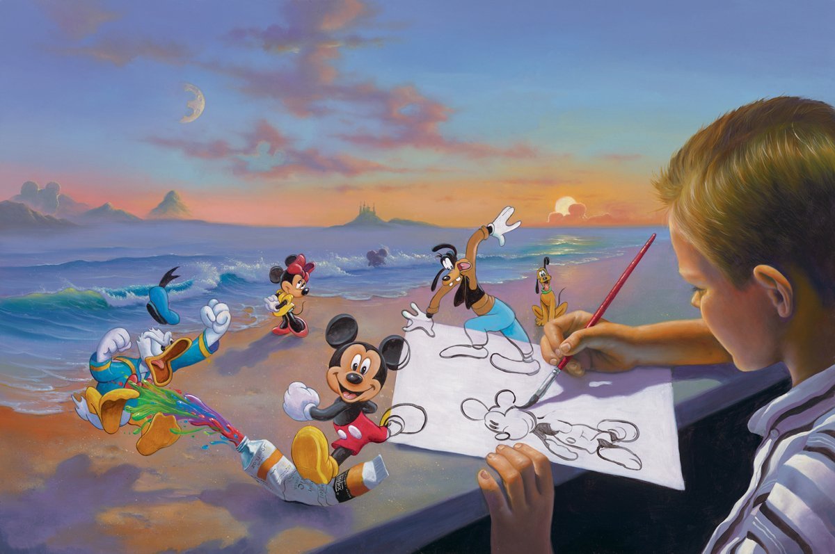 Dream Maker by  Jim Warren  A young boy is sketching an outline of Mickey, as the Gang Five play around the drawing table.