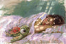 A human side of Ariel asleep dreaming of another life, with her stuffed turtle at her side.